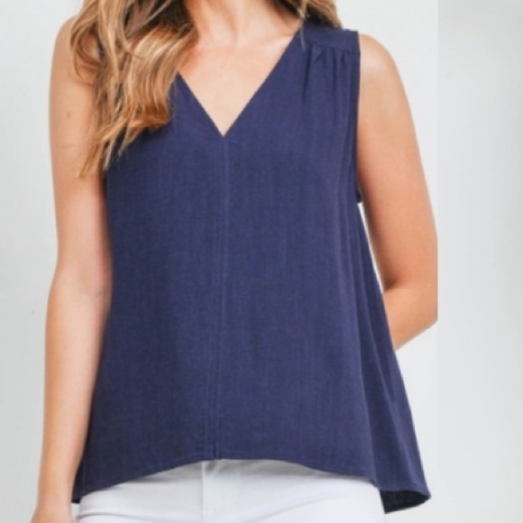 Sleeveless Linen Navy Blue Blouse - Picture 1 of 3